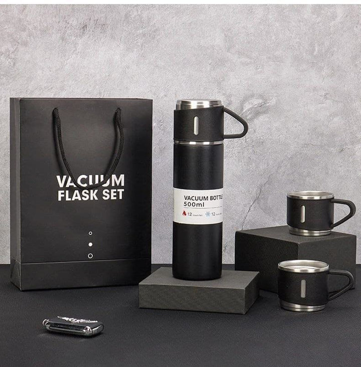 Steel Vacuum Flask Set with 3 Steel Cups Combo - Best for Gifting